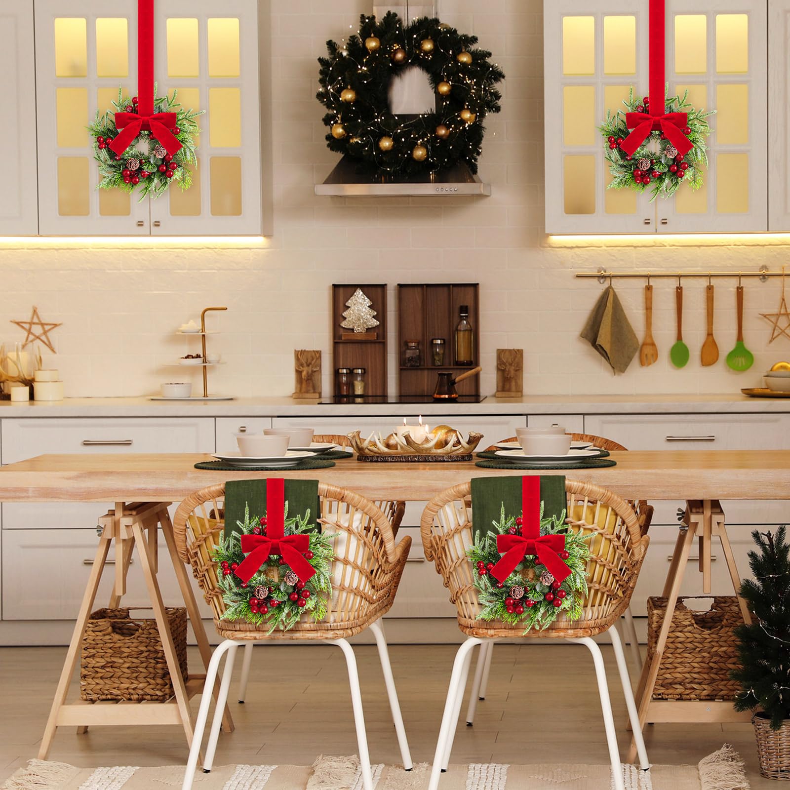 Dingion mini wreath hung on cabinet knob illustrating easy installation and space-saving benefit