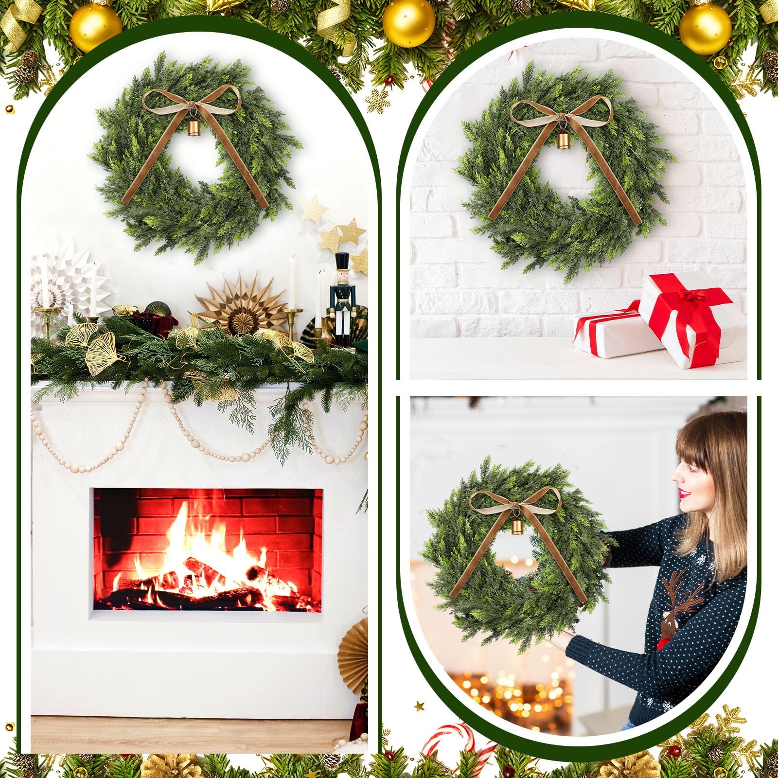 Dingion wreath on wooden front door illustrating festive curbside styling