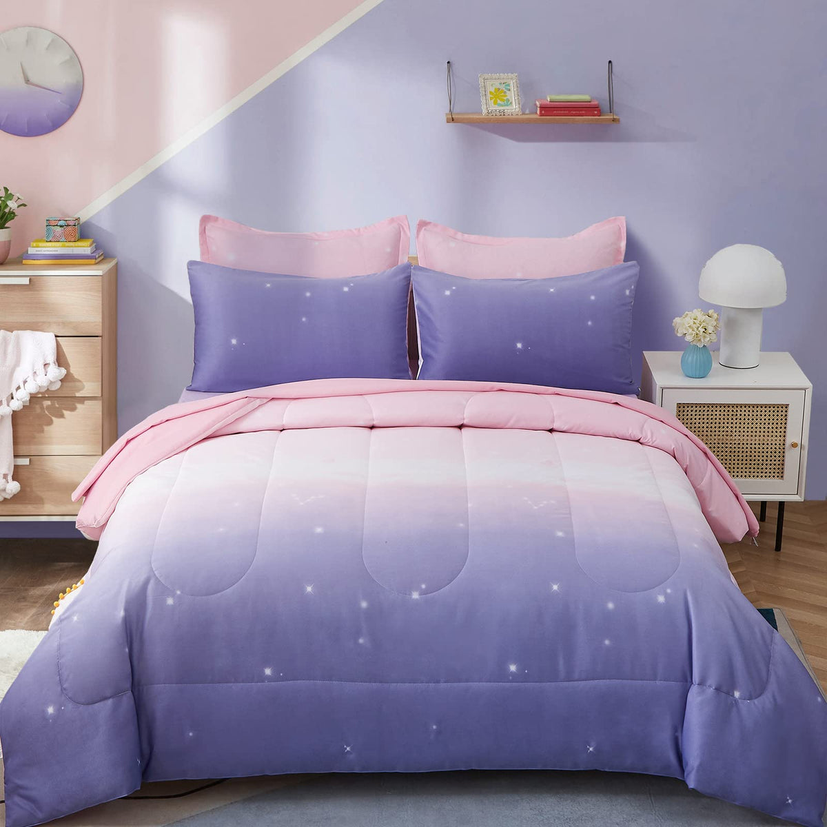 Dinjoy comforter front view showing ombre rainbow design and cozy look