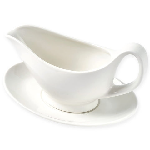 Dinnerlit front view of white porcelain gravy boat showing elegant silhouette and refined look