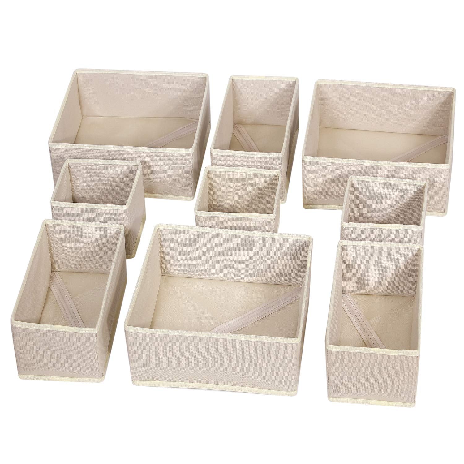DIOMMELL front view of nine beige foldable storage bins showing set layout and neat appeal