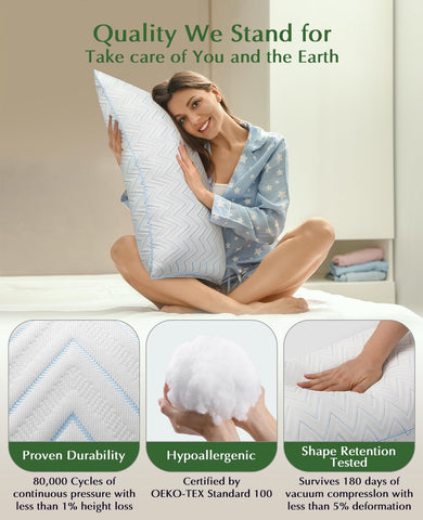DIORIS pillow placed on a made queen bed illustrating cooling comfort