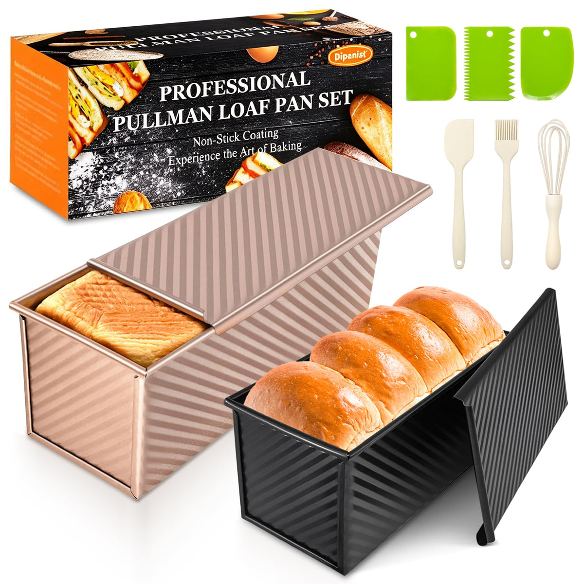 Dipanist pullman front view showing square loaf pan and lid, clear shape benefit
