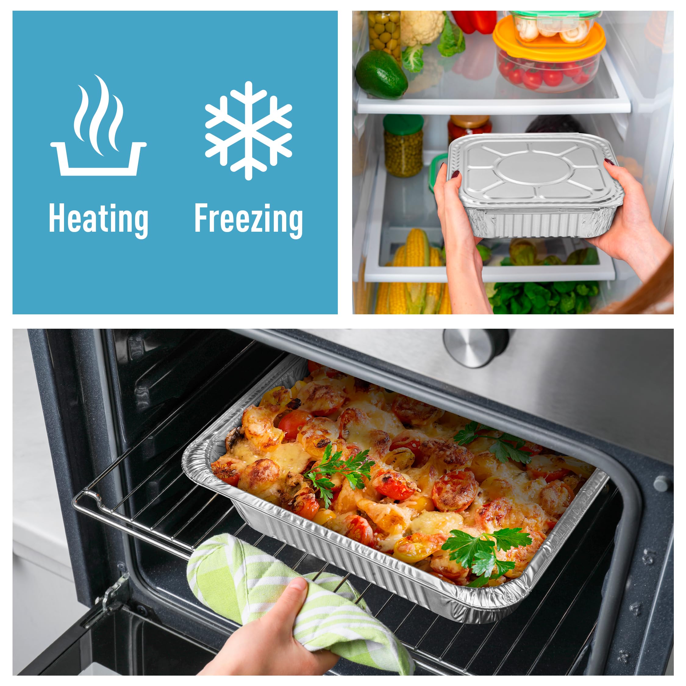 Diplastible 9x13 pan with baked lasagna ready to serve, keeps food warm