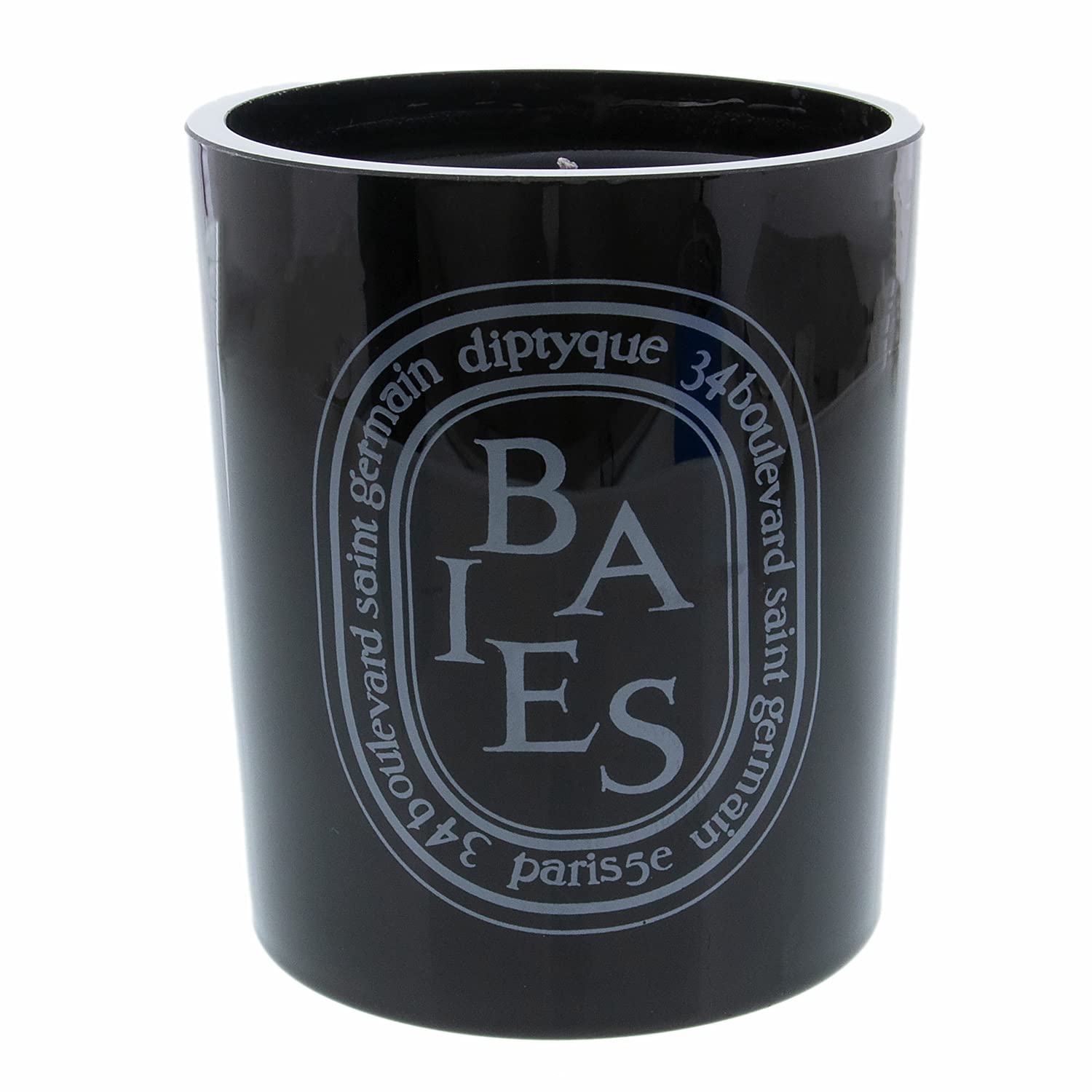 Diptyque Black Baies candle front view showing elegant glass and label, enhancing décor