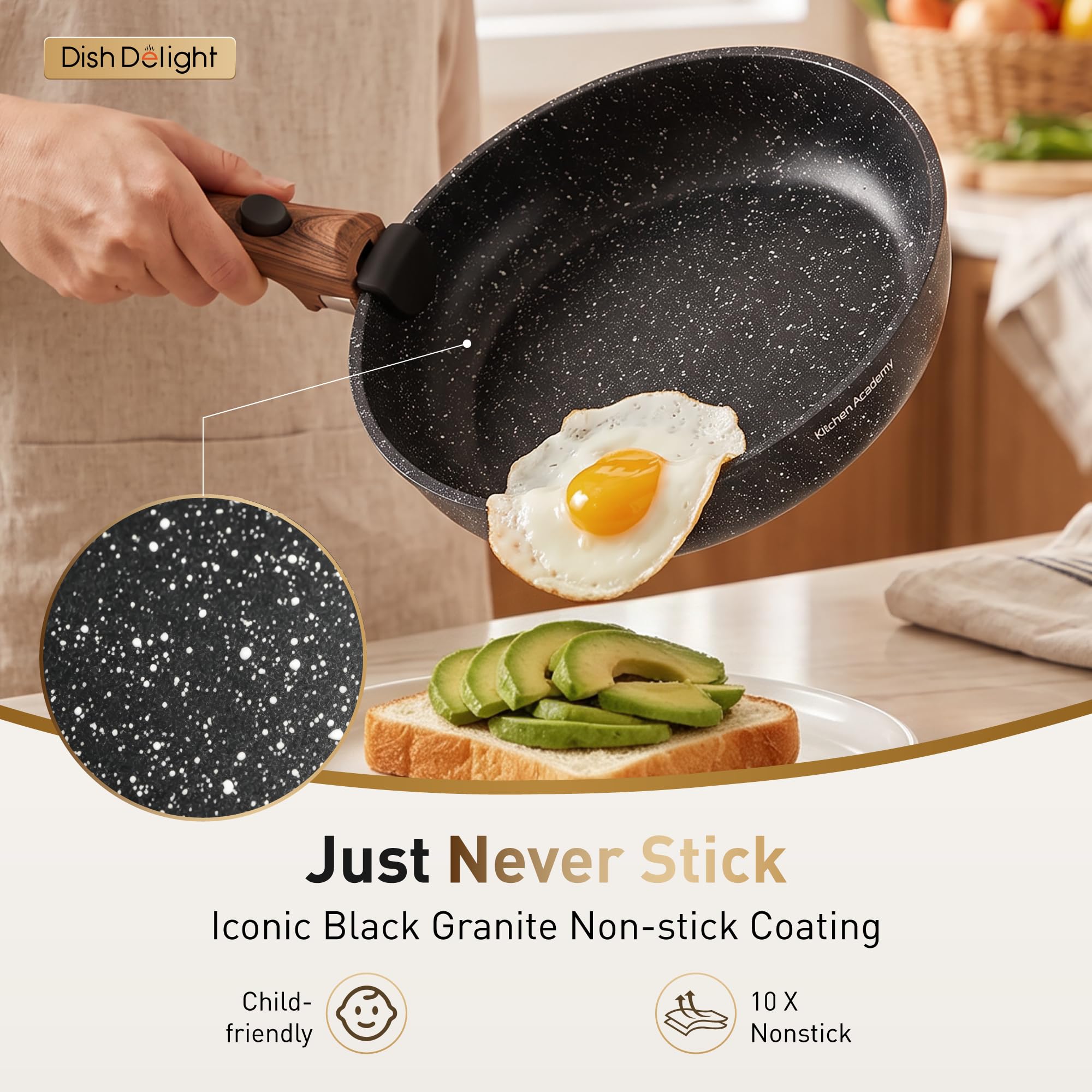DishDelight frying on stovetop in use showing even heat distribution benefit