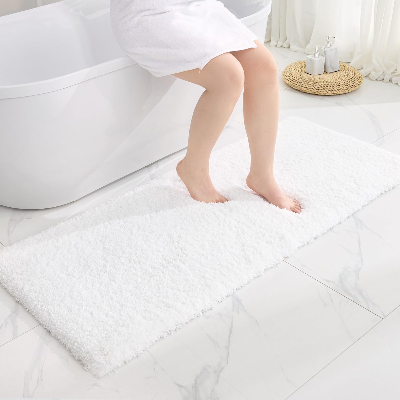 Disolla front view of 24x48 white bath rug showing plush look and inviting comfort