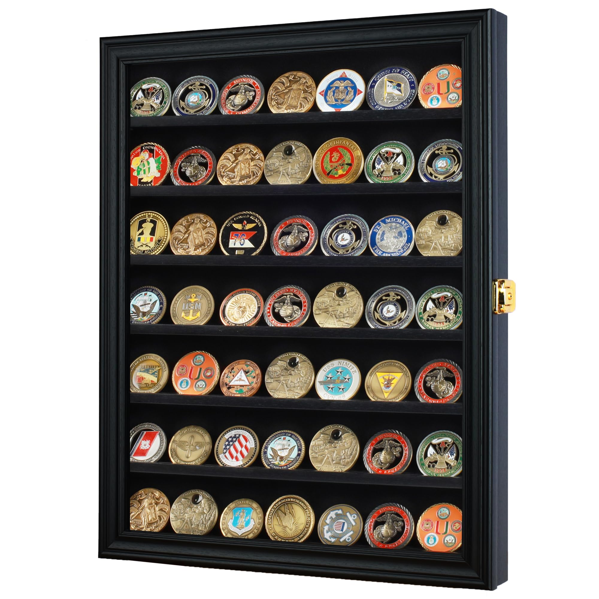 DisplayGifts shelf groove detail gripping coin bases to prevent sliding