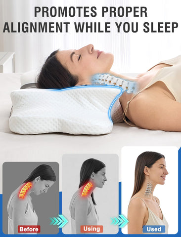 DISSA pillow supporting a back sleeper in center cradle for balanced spinal positioning