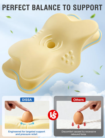 DISSA pillow in use by side sleeper demonstrating pressure-free facial support and comfort