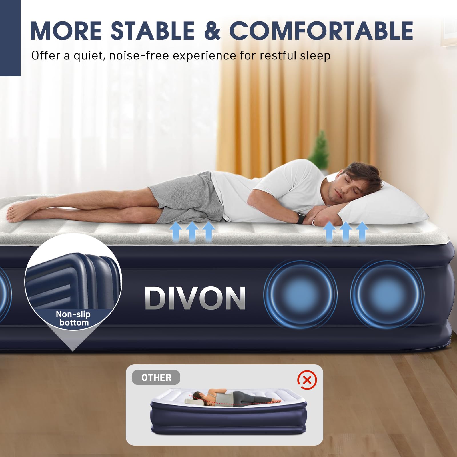 DIVON inflated mattress in bedroom lifestyle showing comfortable guest-ready setup