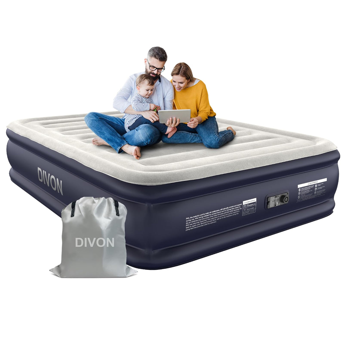 DIVON queen air mattress front view showing raised 18-inch height and stable profile