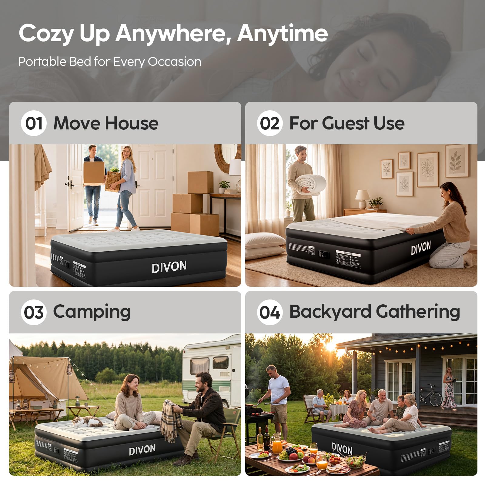 DIVON outdoor camping setup showing portable comfort for overnight trips
