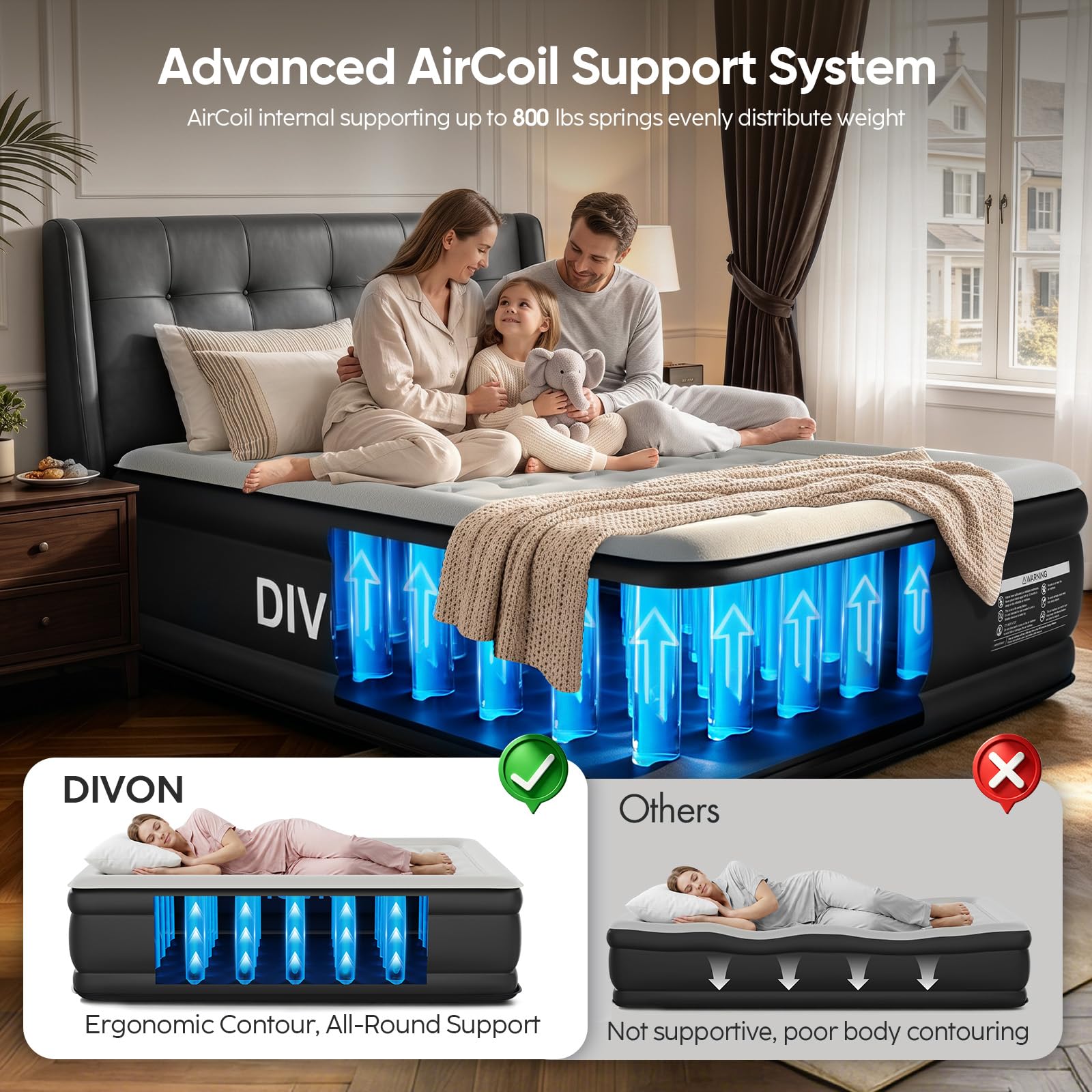 DIVON mattress next to chair for scale showing true queen size and room fit