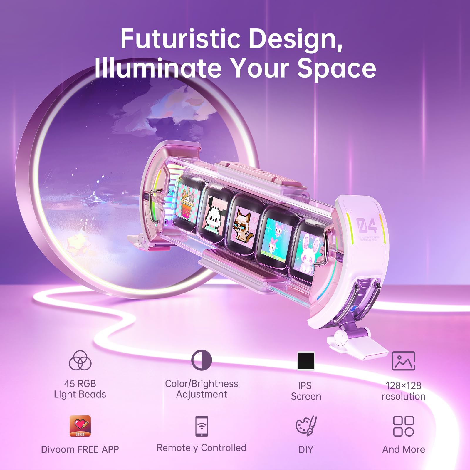 Divoom Times Gate connected to Divoom app on smartphone, allows remote customization