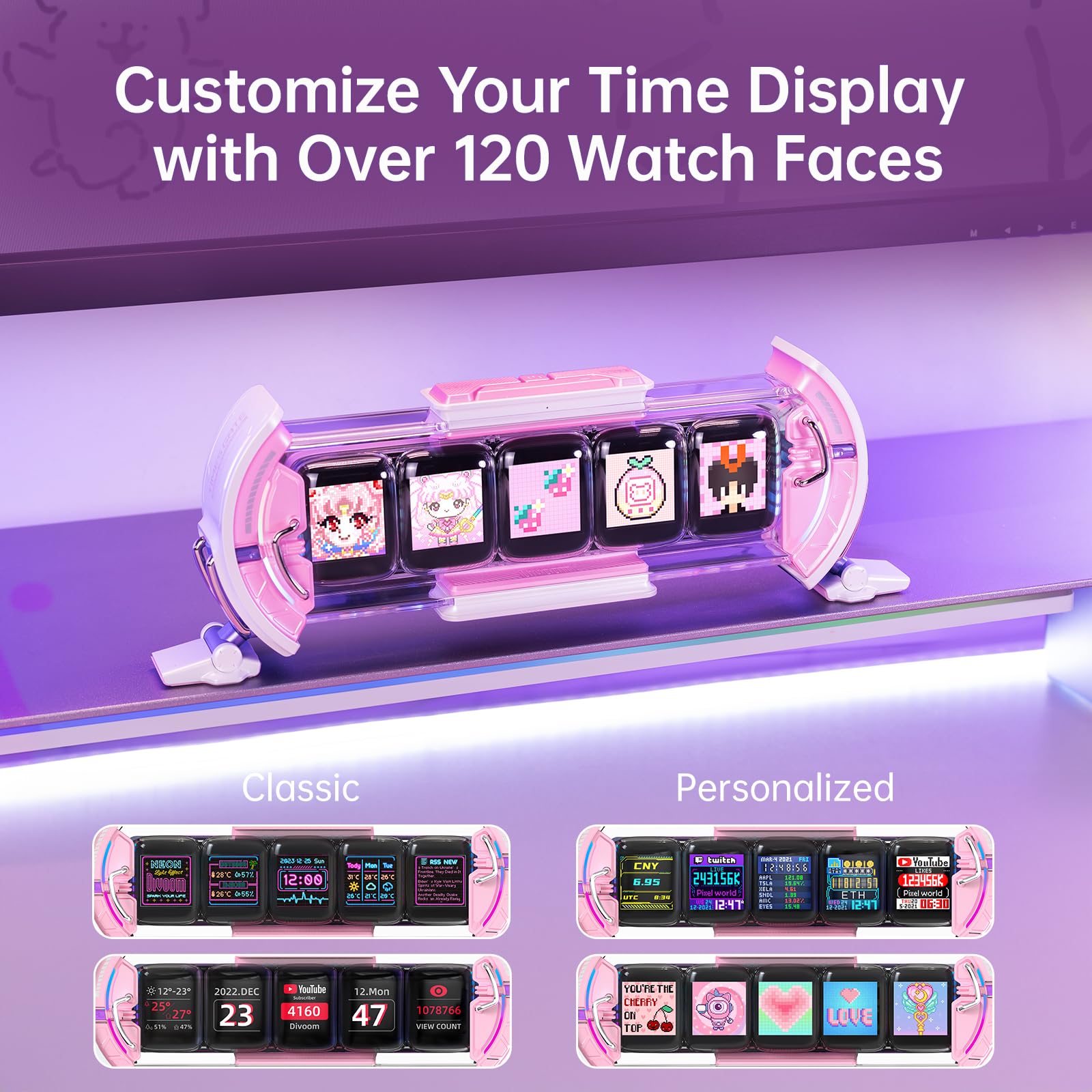 Divoom Times Gate close-up of the five 128×128 screens, provides layered live information