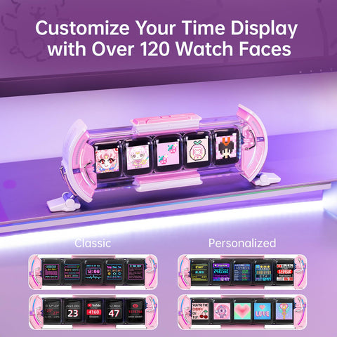 Divoom Times Gate close-up of the five 128×128 screens, provides layered live information