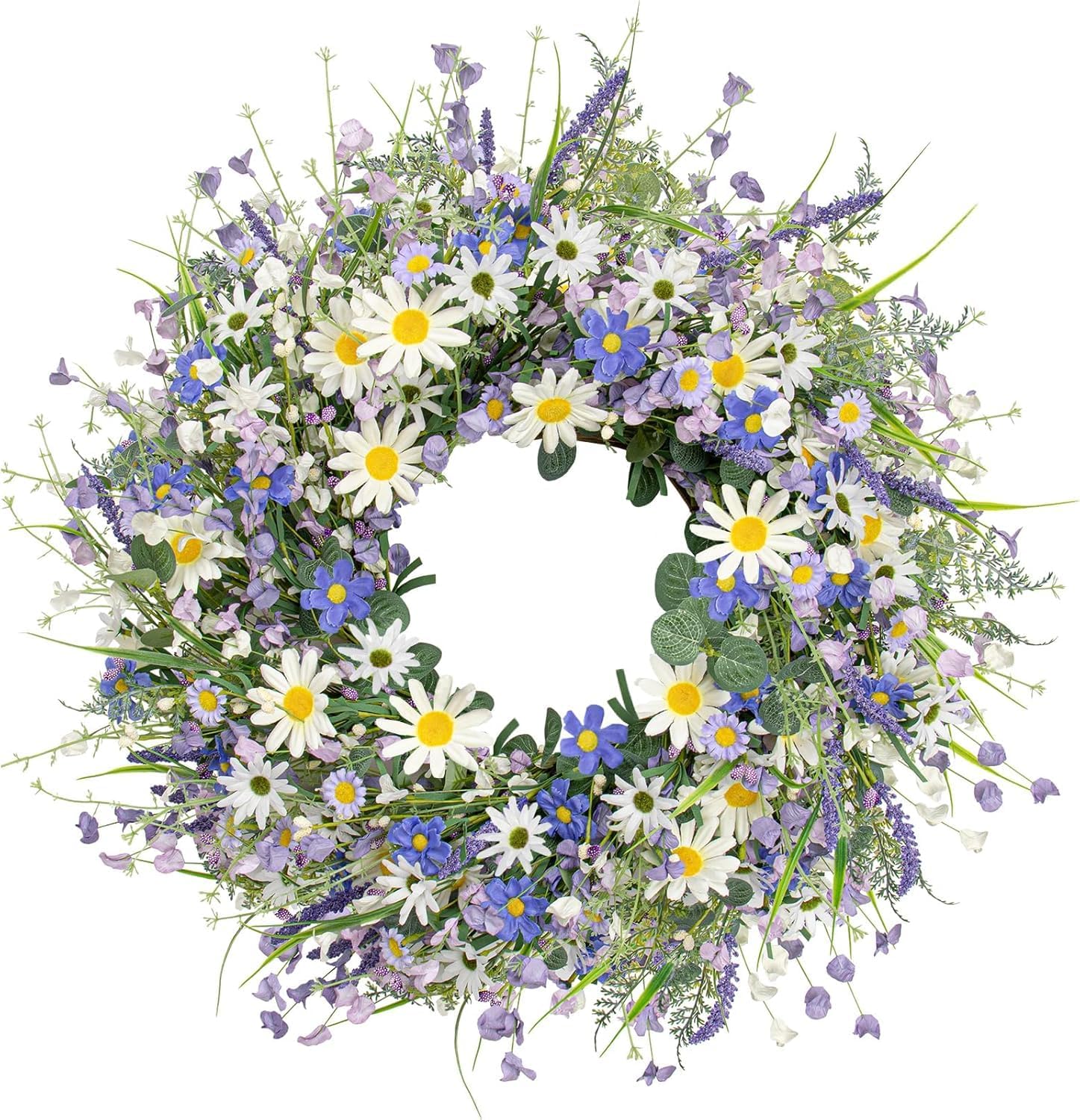 DIYFLORU front view wreath showing blue and white blooms for bright entryway curb appeal