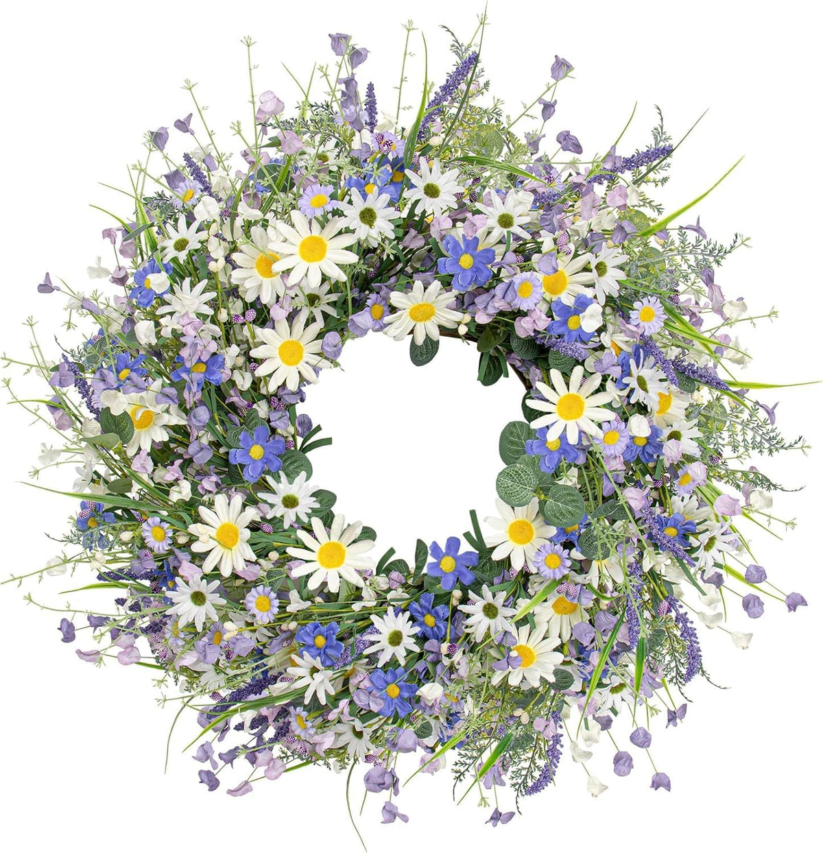 DIYFLORU front view wreath showing blue and white blooms for bright entryway curb appeal
