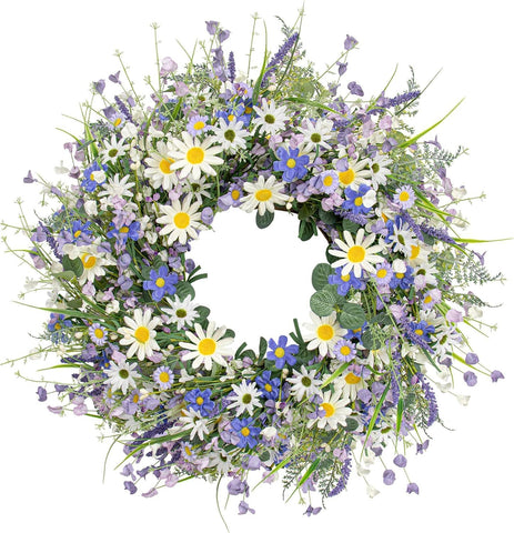 DIYFLORU front view wreath showing blue and white blooms for bright entryway curb appeal