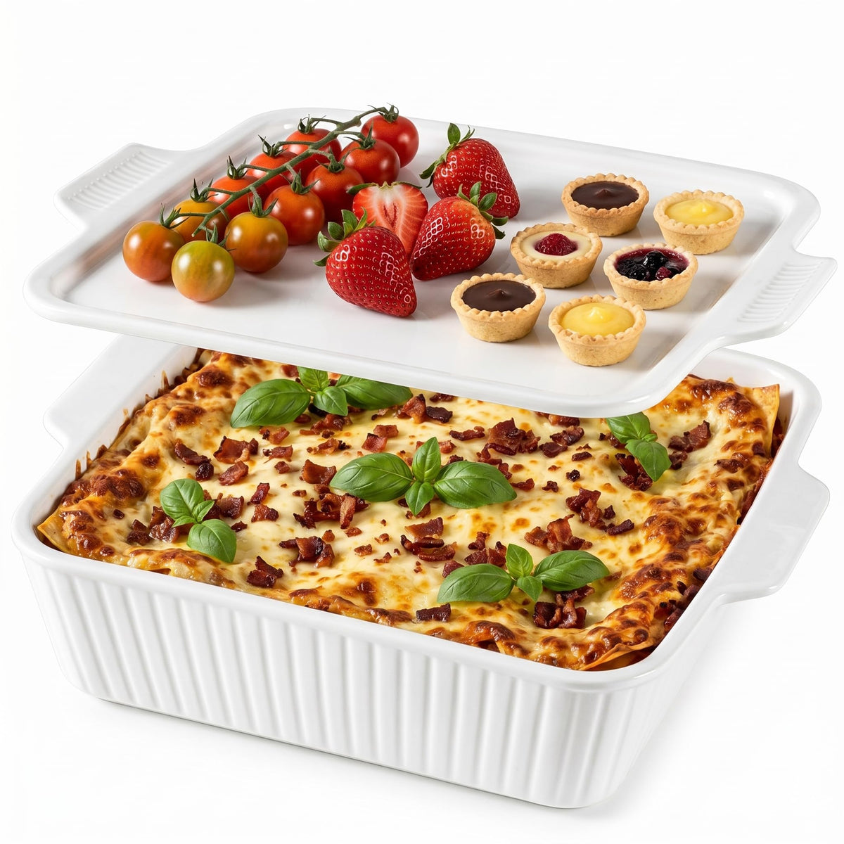 Dizada front view casserole with lid showing oven-to-table style and functionality