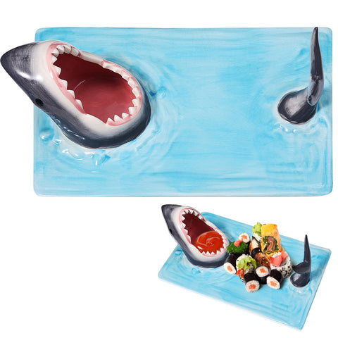 Djungelskog shark plate front view showing playful shark design and serving area