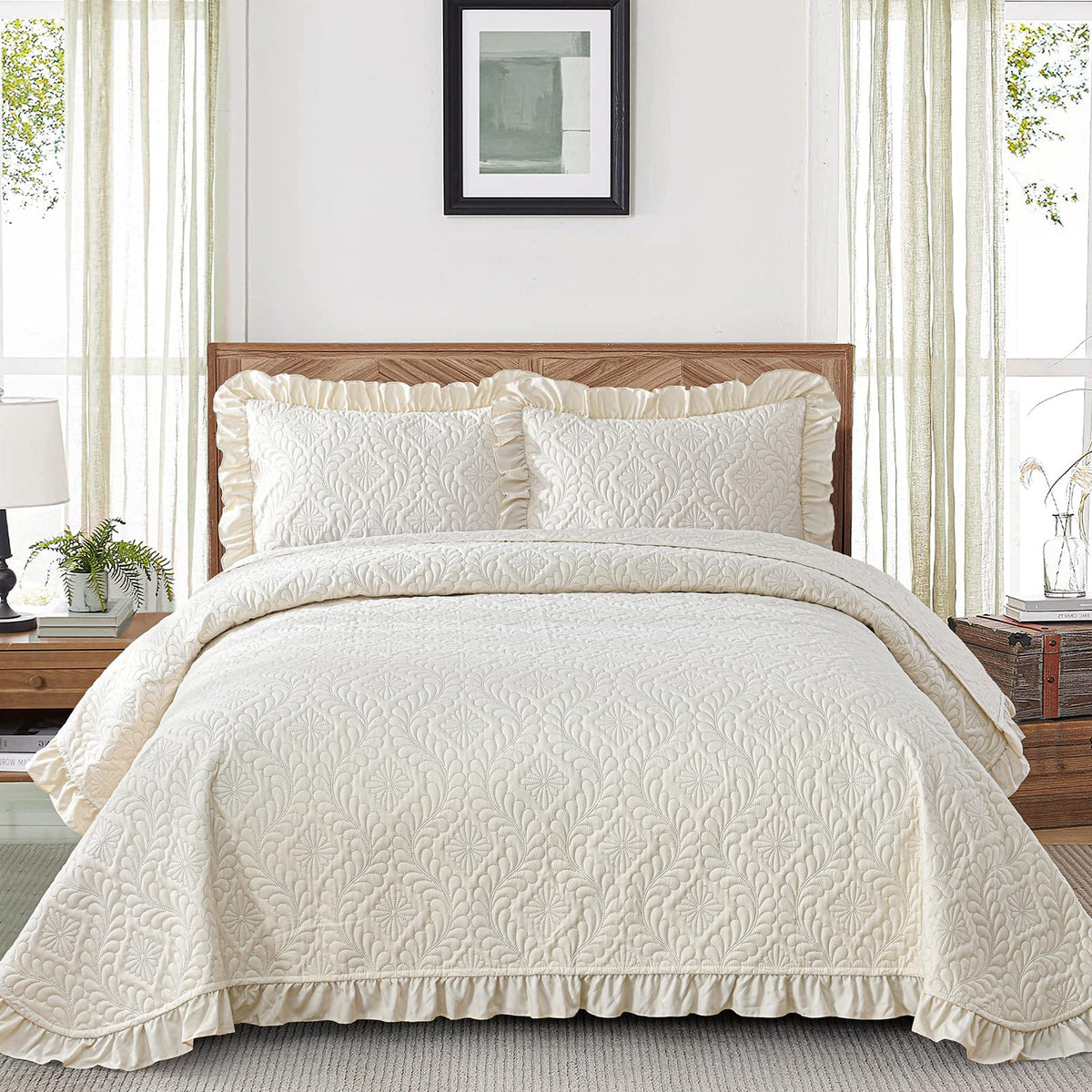 DJY quilt front view showing beige ruffles and cozy layered look