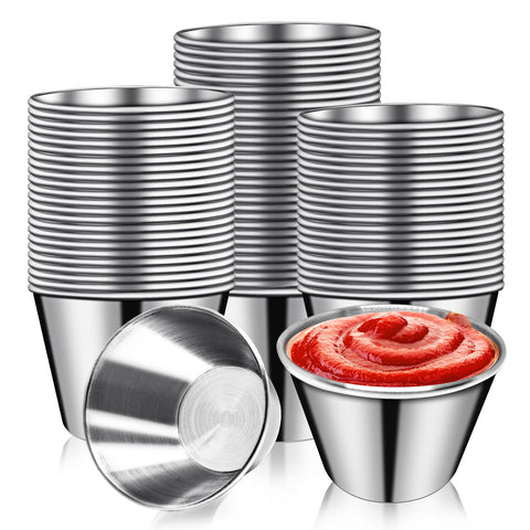DJZZ front view of 50-pack metal sauce cups showing uniform set and professional look