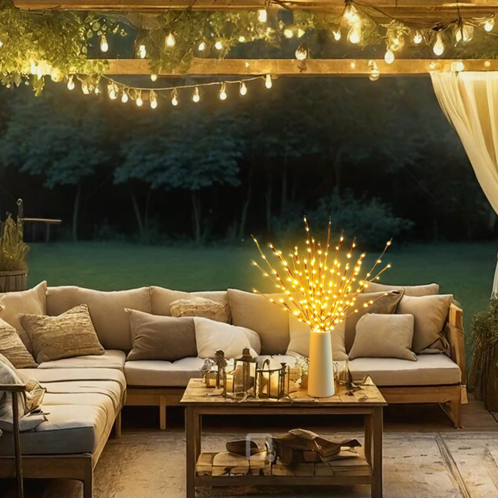 DK177 close-up of warm white LED cluster on twig emphasizing soft glow and decorative effect