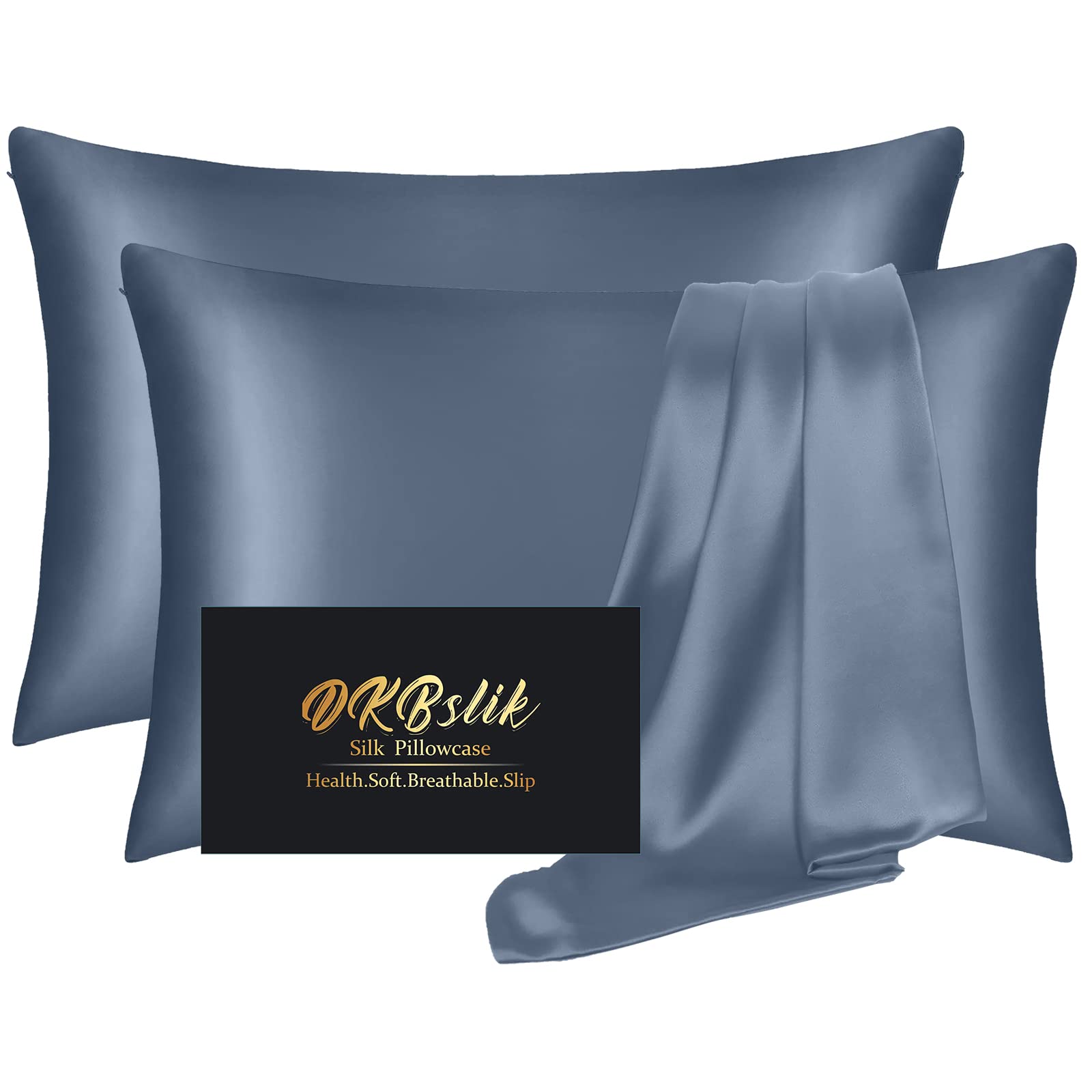DKBslik front view of ash blue silk pillowcases shows elegant finish and color benefit