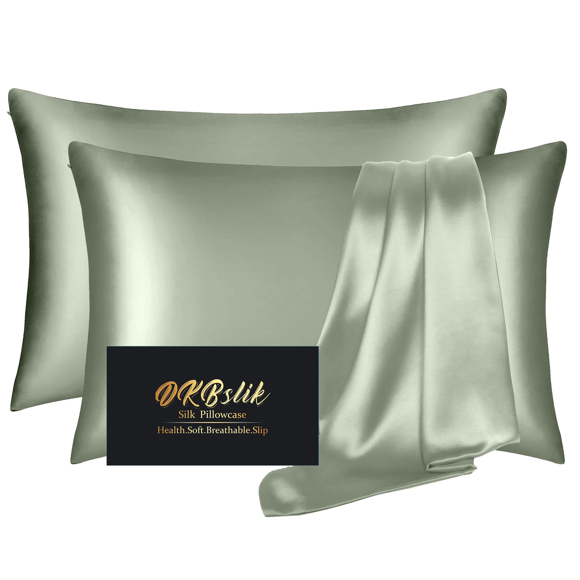 DKBslik sage green pillowcase front view showing smooth silk and color benefit