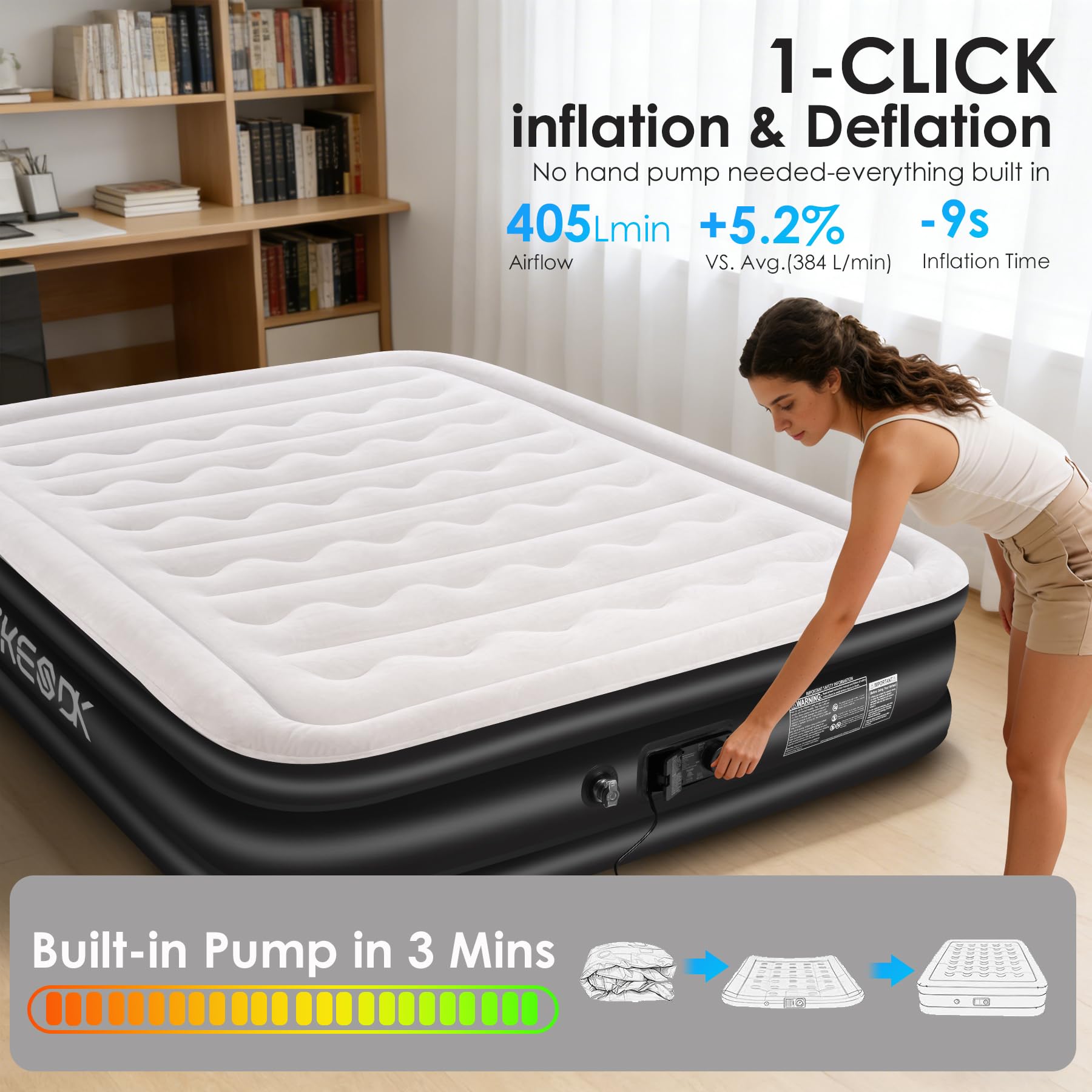 dkesdk mattress inflating in room demonstrating quick setup for guests and travel