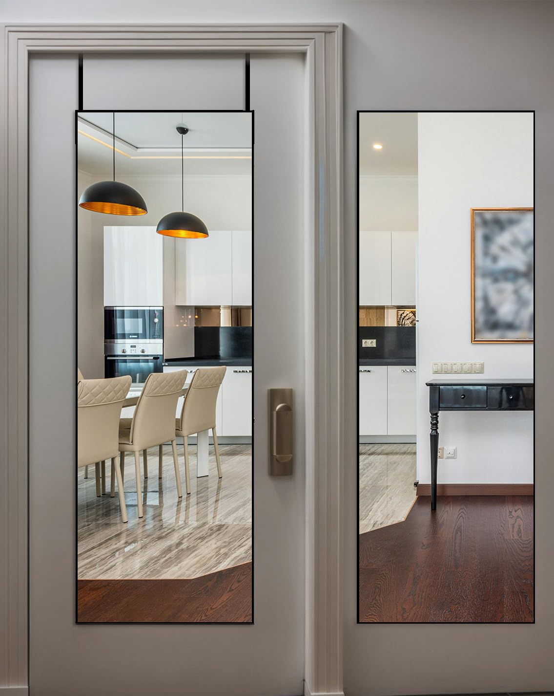DMWOODFL front view showing full-length mirror and black frame, adding sleek space-saving benefit