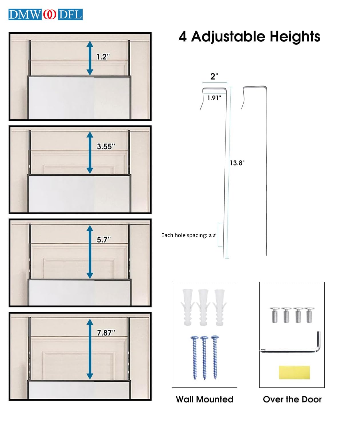 DMWOODFL included screws, anchors and hooks laid out, showing complete-installation convenience benefit