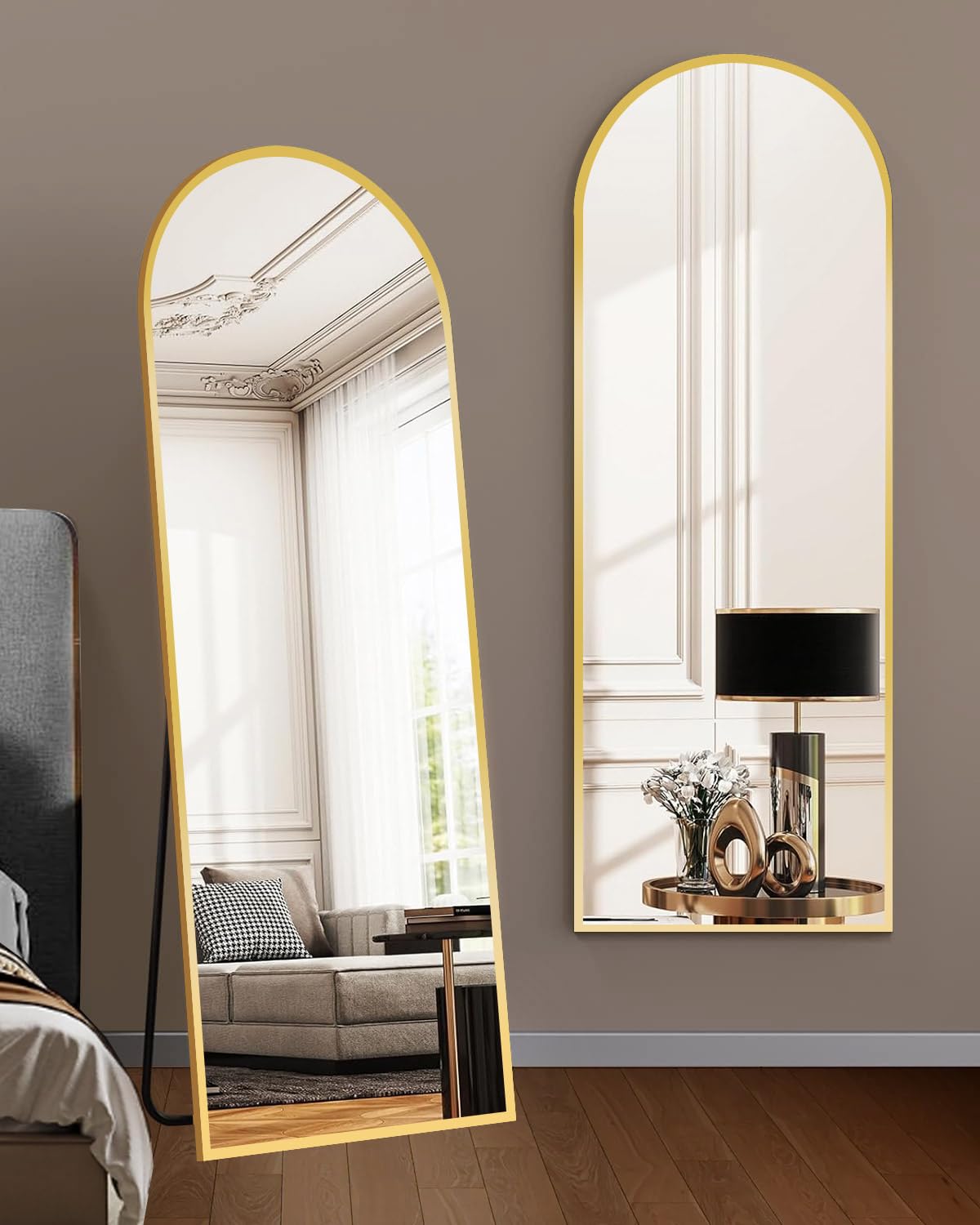 DMWOODFL mirror with person for size comparison ensuring true full-body view benefit