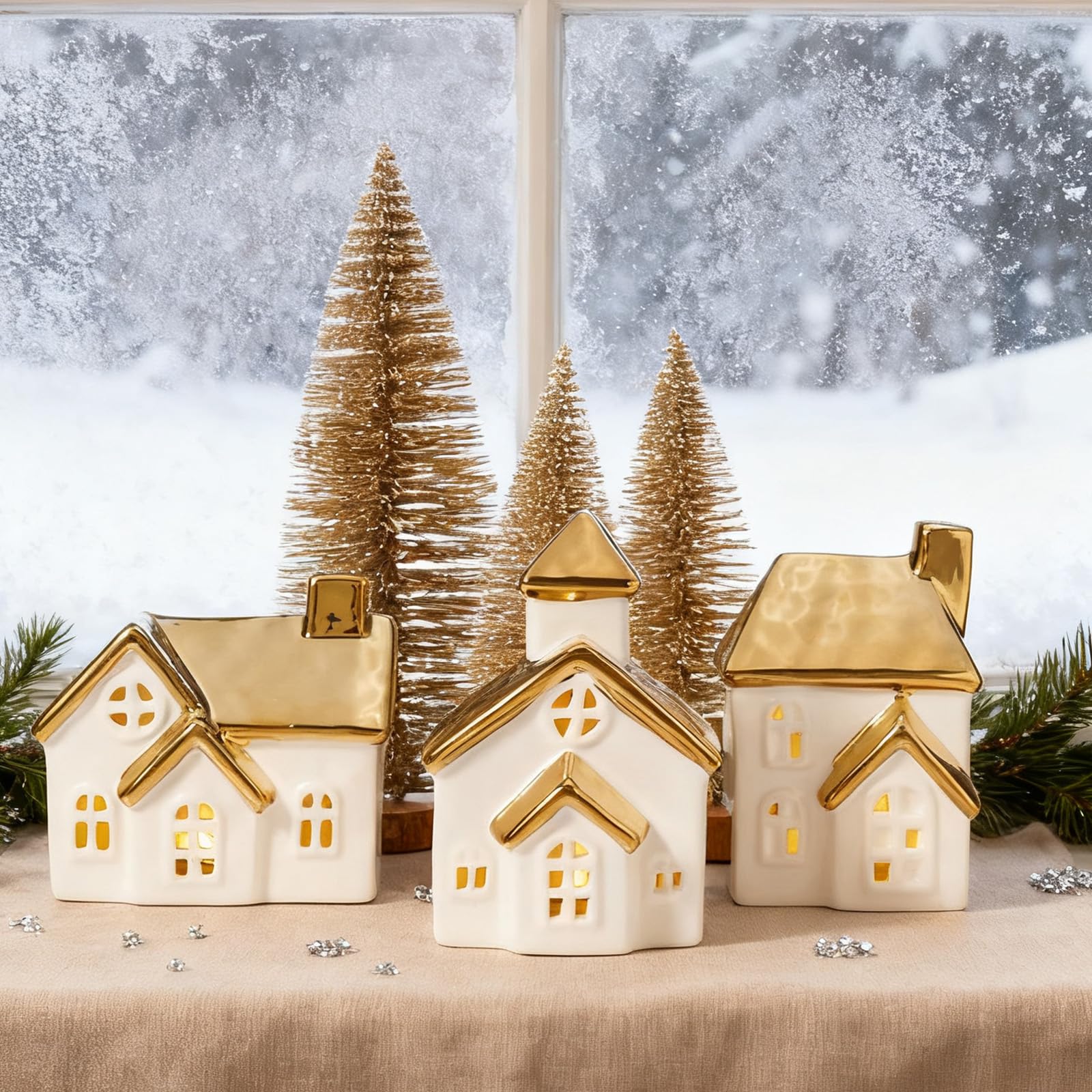 DN DECONATION trio of gold-frosted bottle-brush trees adding textured sparkle