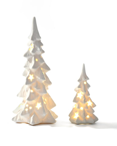 DN DECONATION front view of two white ceramic trees showing warm glow benefit