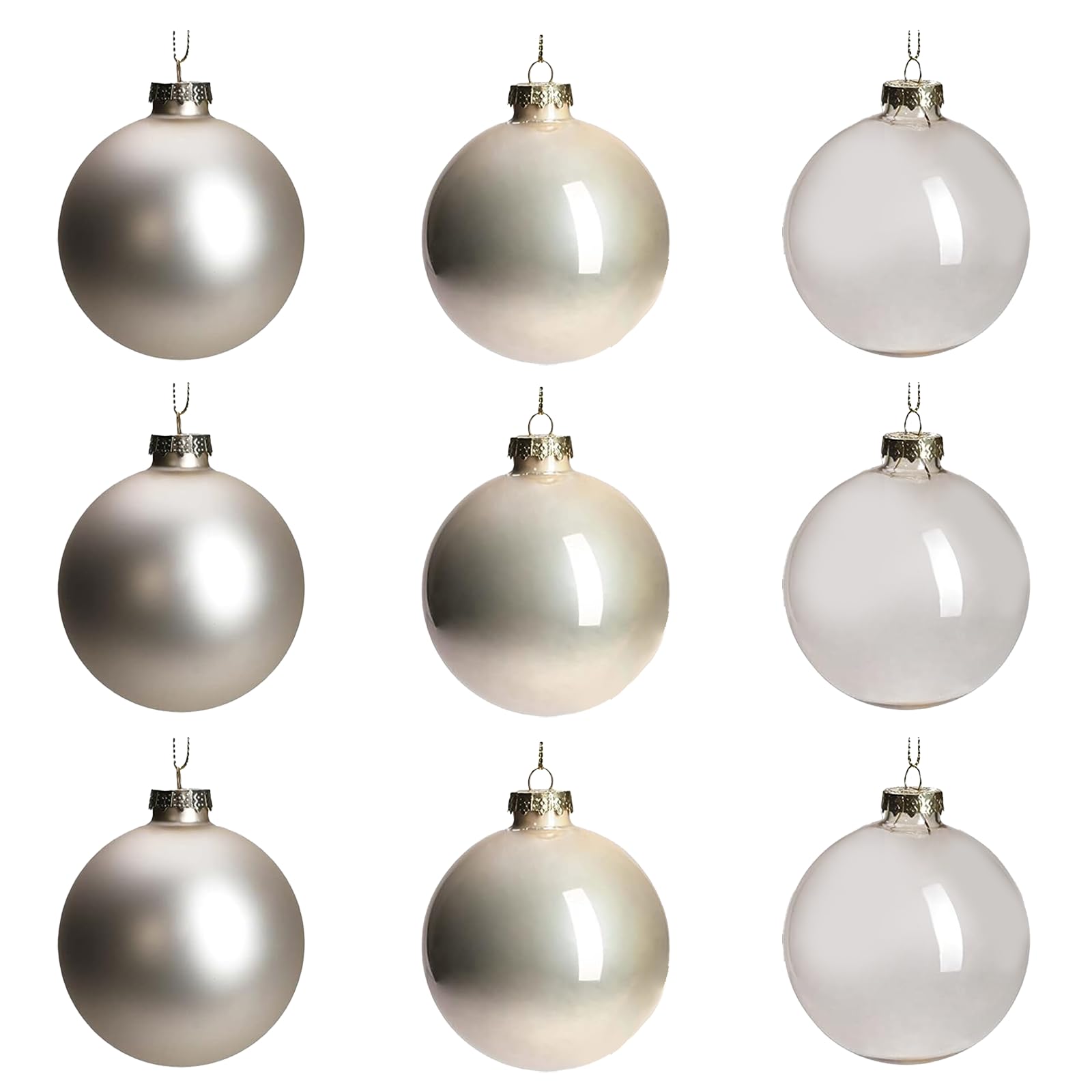 DN DECONATION front packaging showing nine champagne baubles and protective box for safe storage