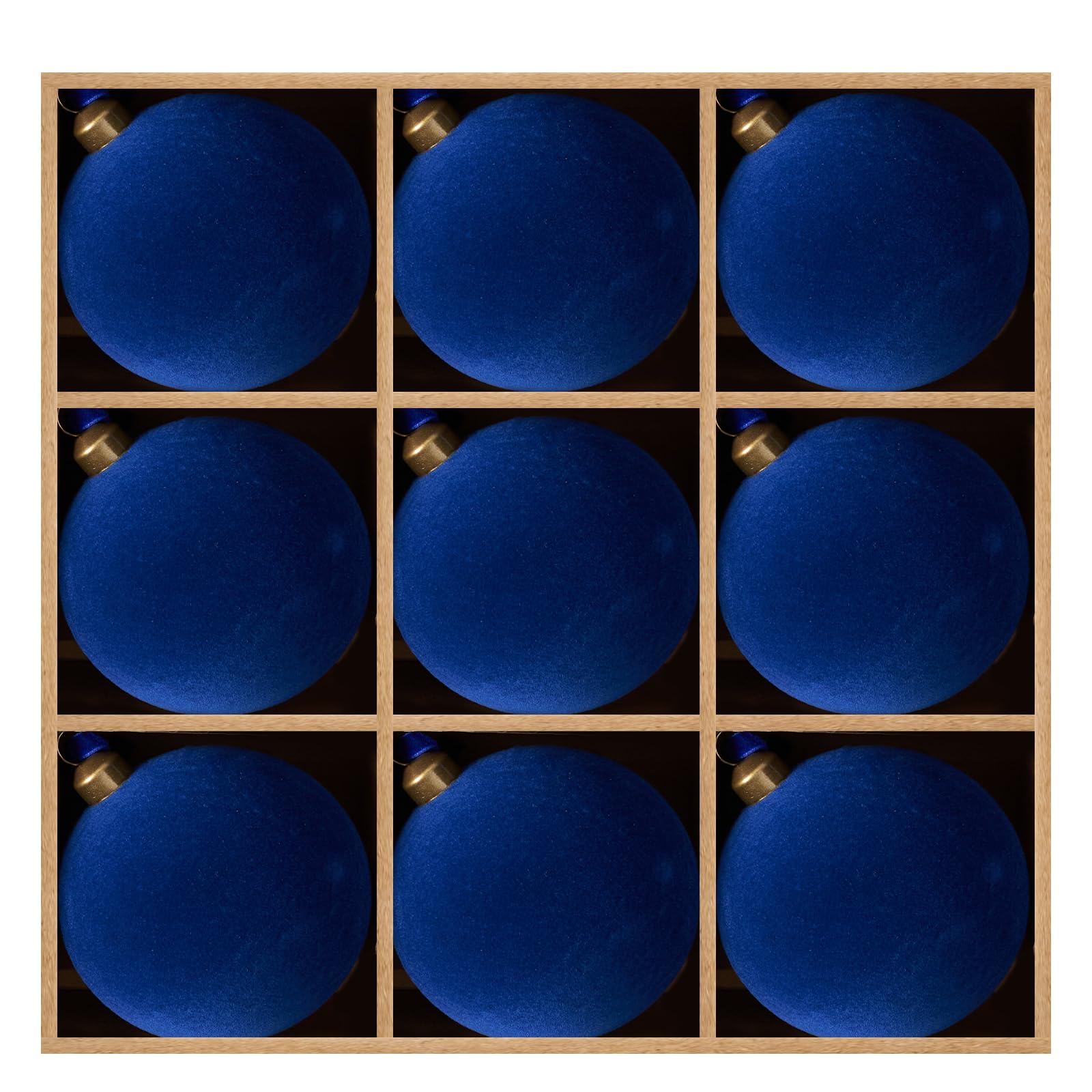 DN DECONATION front view of nine blue velvet ornaments, ready to decorate safely