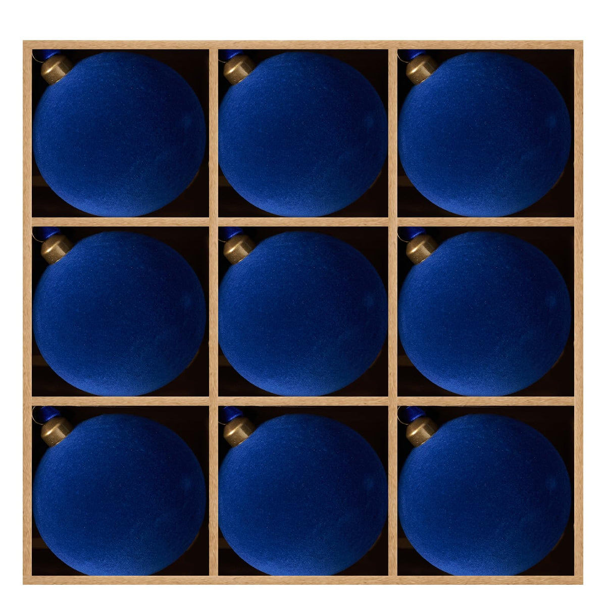 DN DECONATION front view of nine blue velvet ornaments, ready to decorate safely