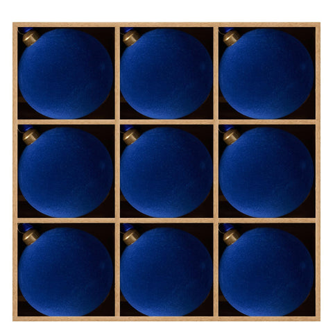 DN DECONATION front view of nine blue velvet ornaments, ready to decorate safely