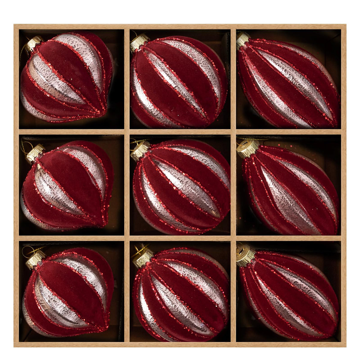 DN DECONATION front view of burgundy velvet ornaments, elegant holiday focal point