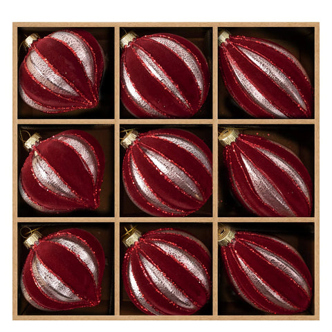 DN DECONATION front view of burgundy velvet ornaments, elegant holiday focal point