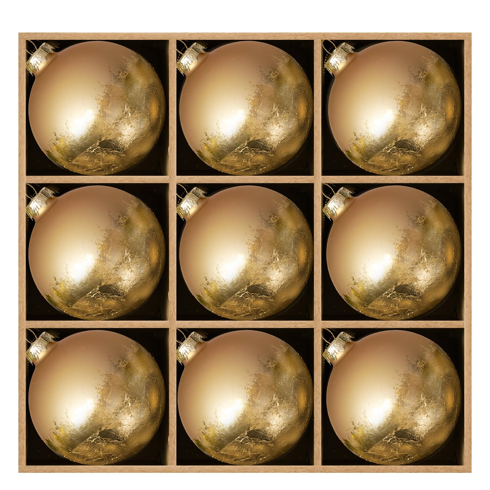 DN DECONATION front view of gold matte ornament set showing elegant presentation