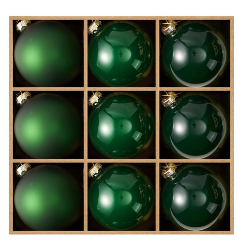 DN DECONATION front view of green glass ball set showing elegant packaging and ready-to-hang benefit