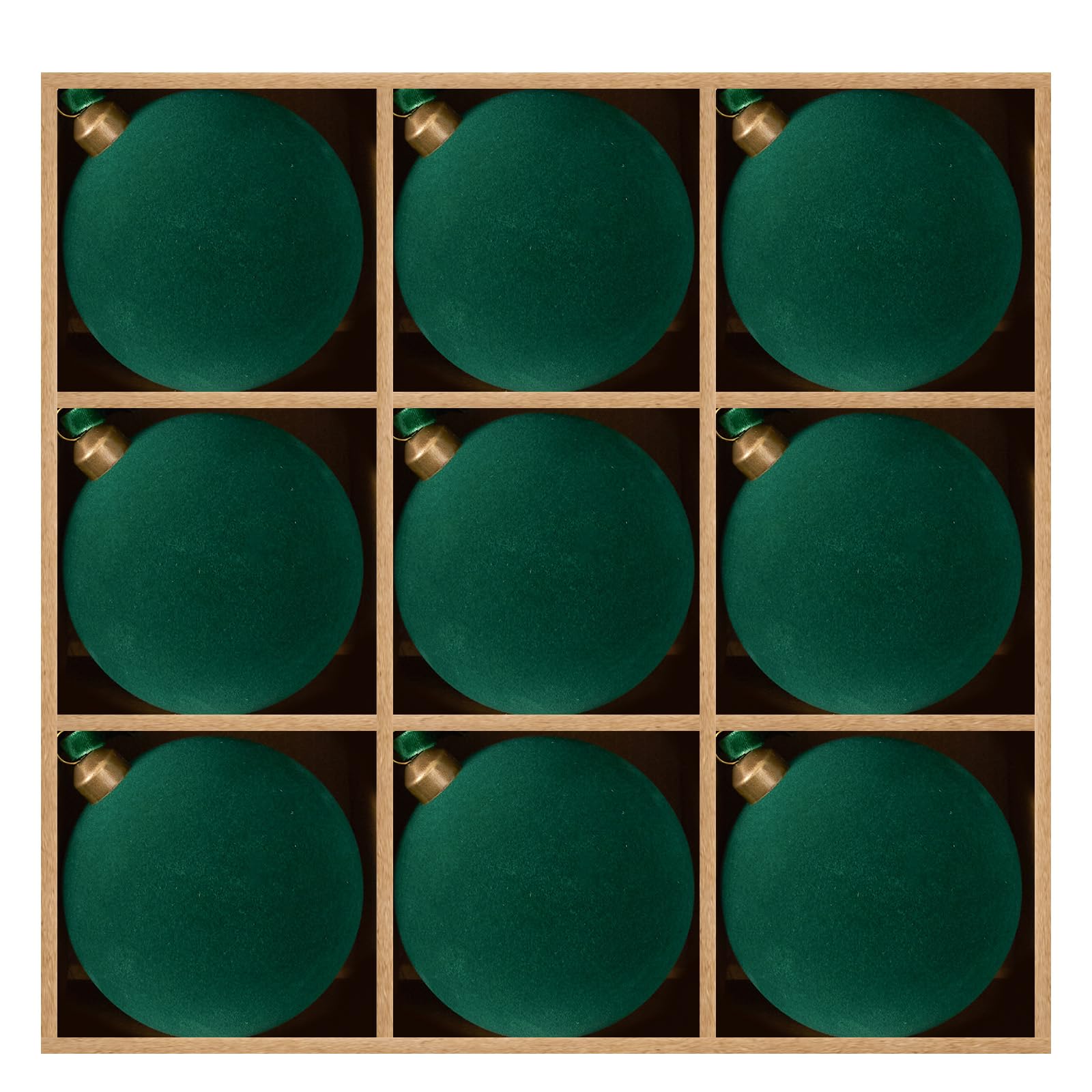 DN DECONATION front view of nine green velvet ornaments, shows elegant set