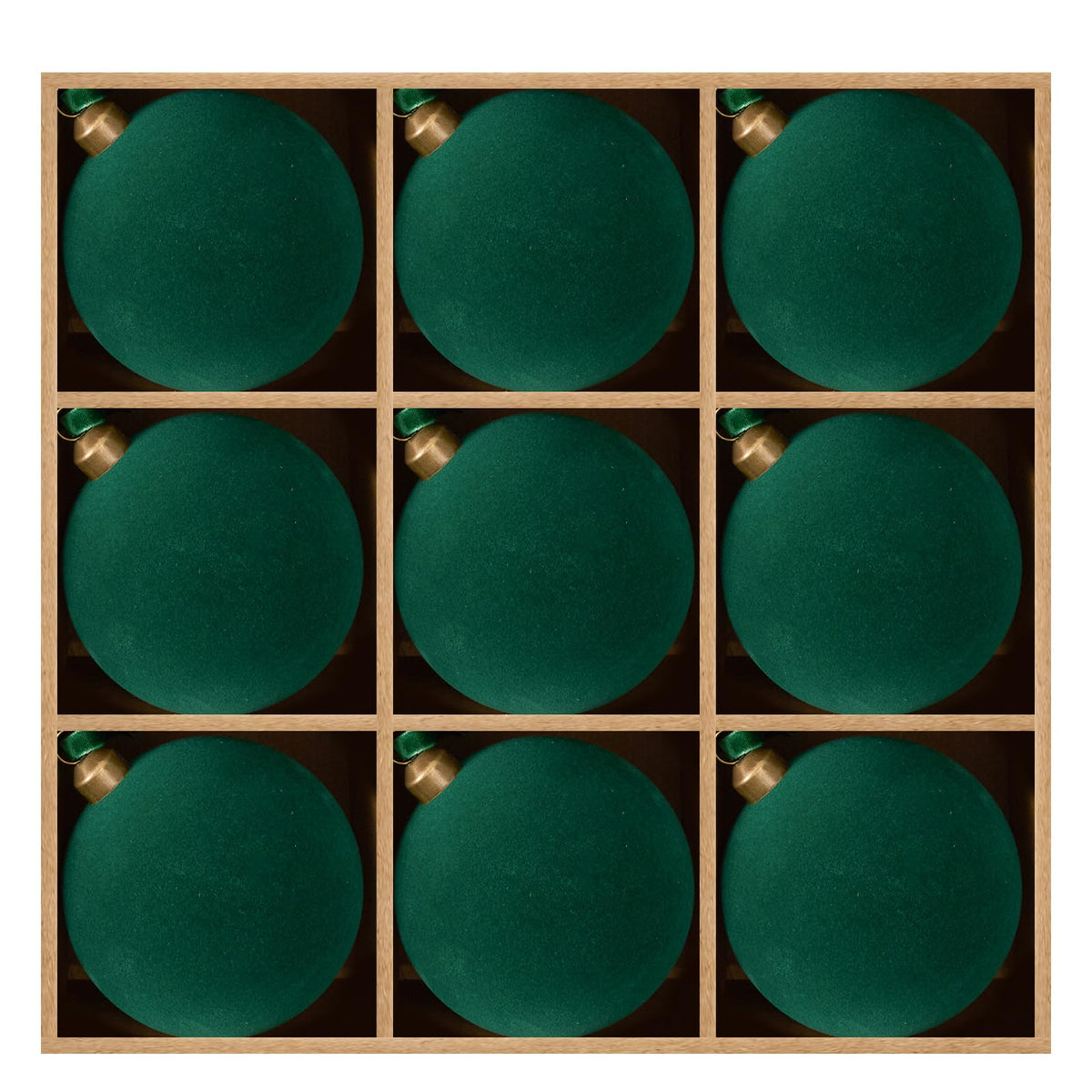 DN DECONATION front view of nine green velvet ornaments, shows elegant set
