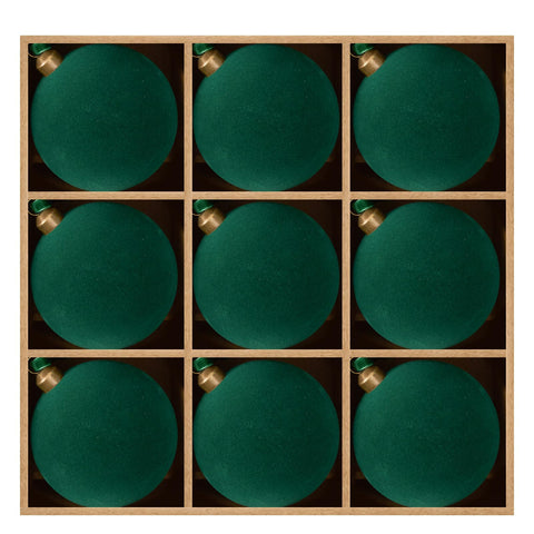 DN DECONATION front view of nine green velvet ornaments, shows elegant set