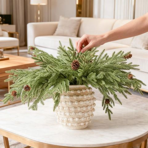 DN DECONATION front view of six faux pine stems, ready for decorating and long-lasting use