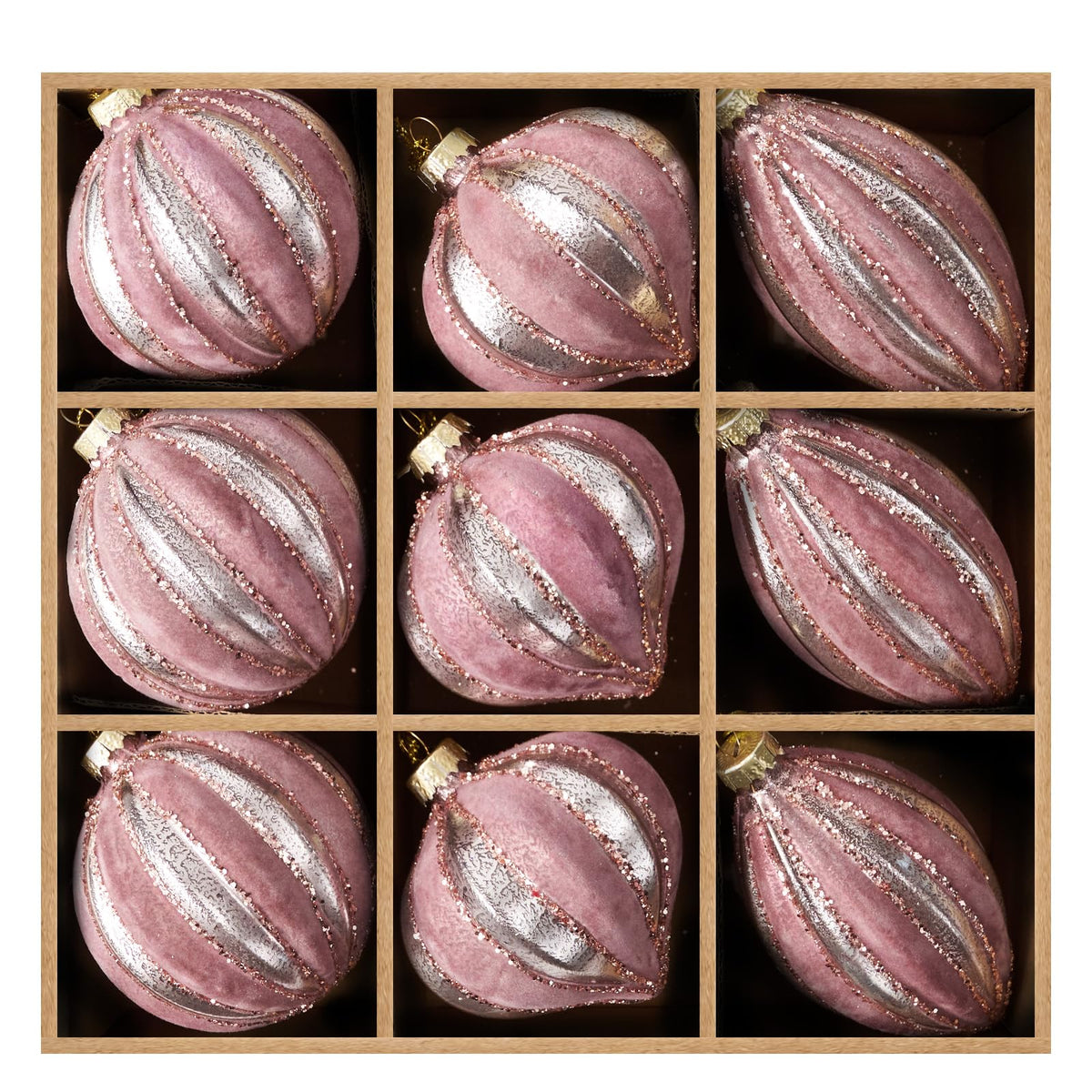 DN DECONATION front packaging showing 9 pink ornaments and gift-ready presentation